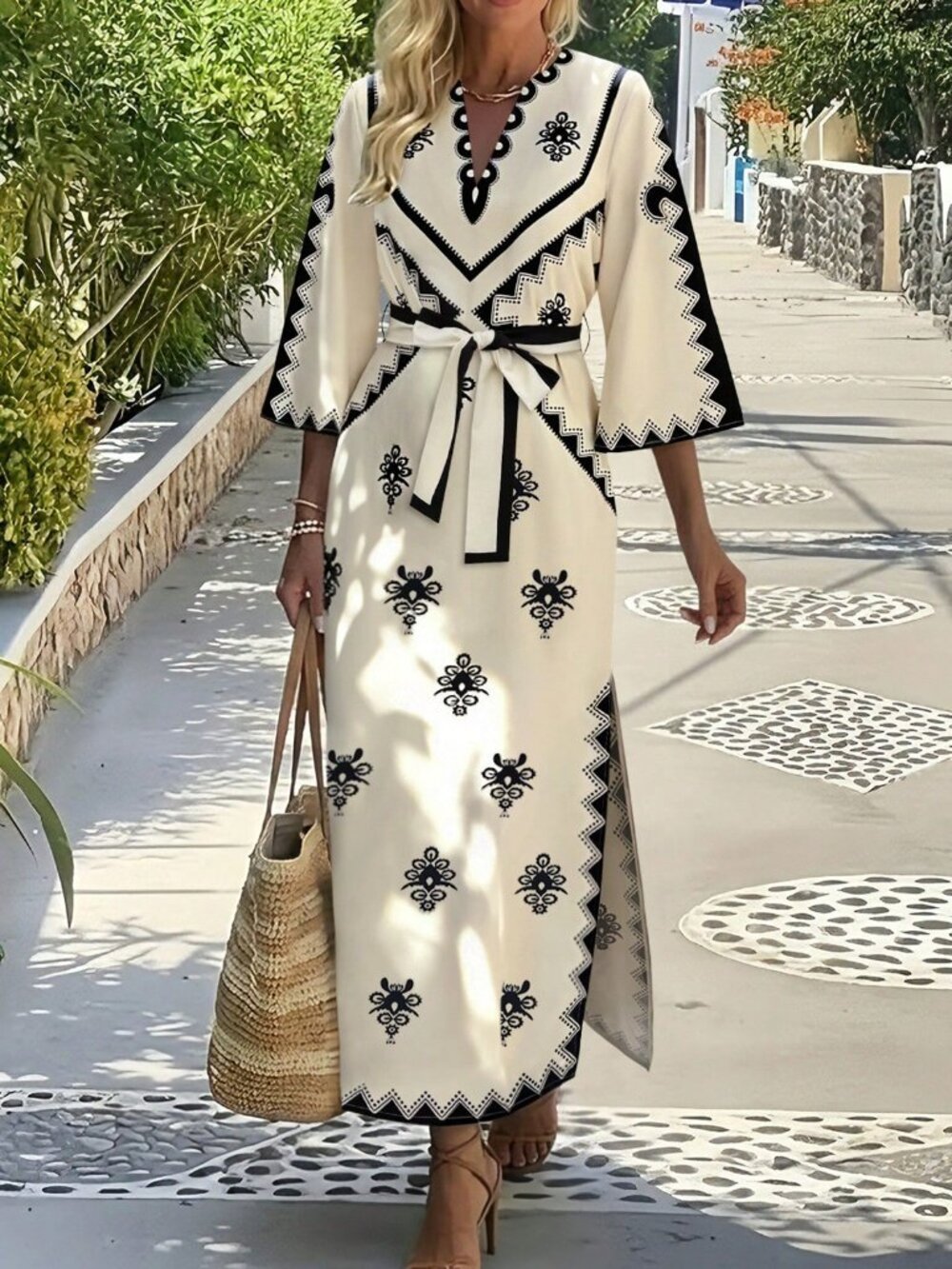 Multicolor Boho Women's tie front V-Neck Geometric Print dress resort style